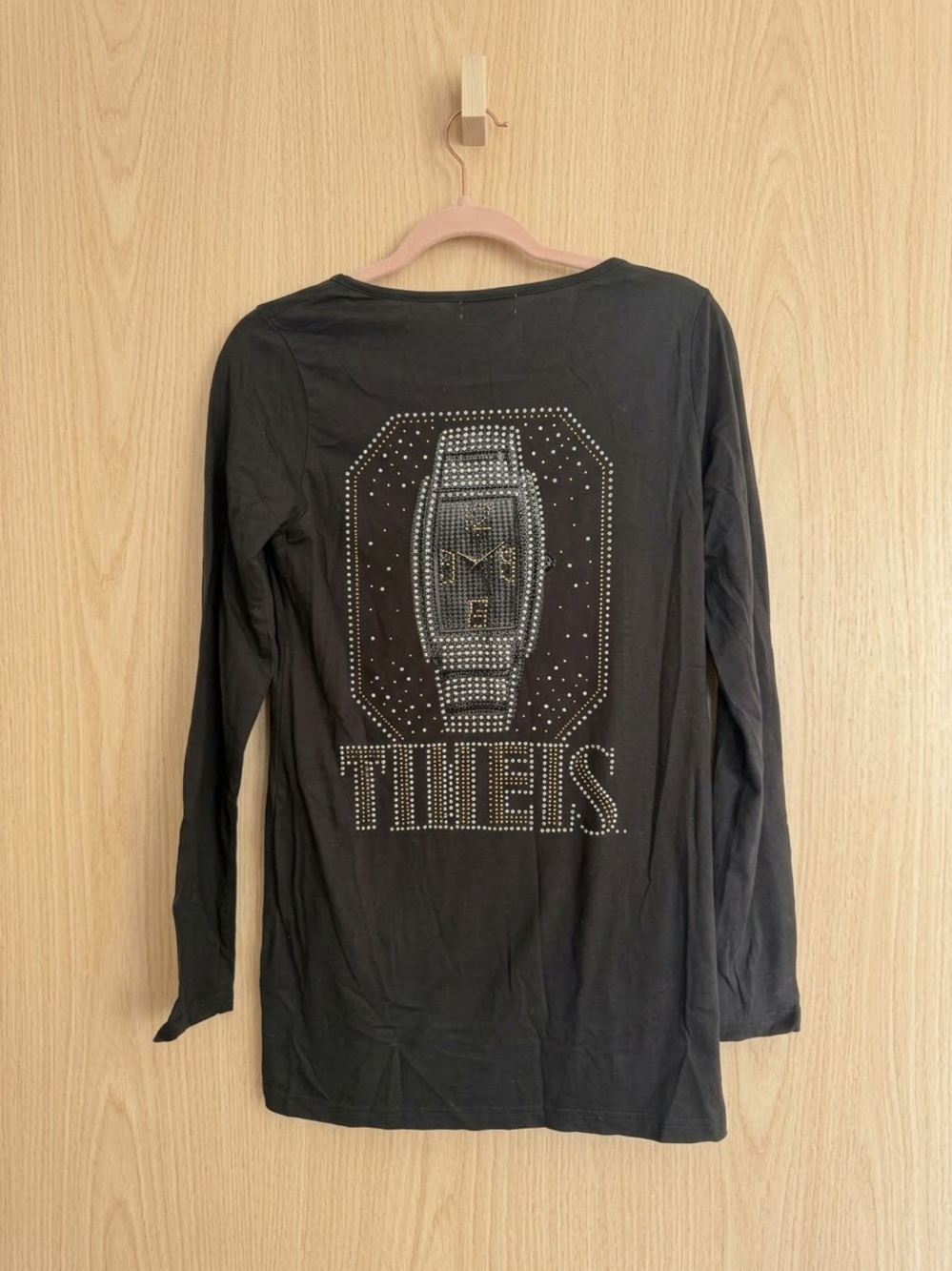 POL Black Rhinestone Luxury Watch Graphic Long Sleeve Top - "TIME IS...", Sz Lg